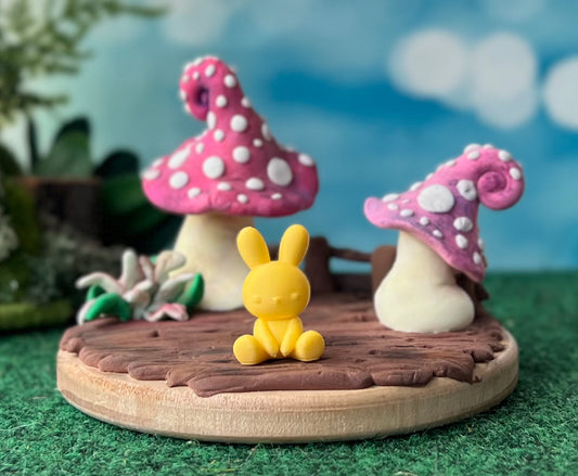 Hand sculpted Mushroom home with tiny bunny