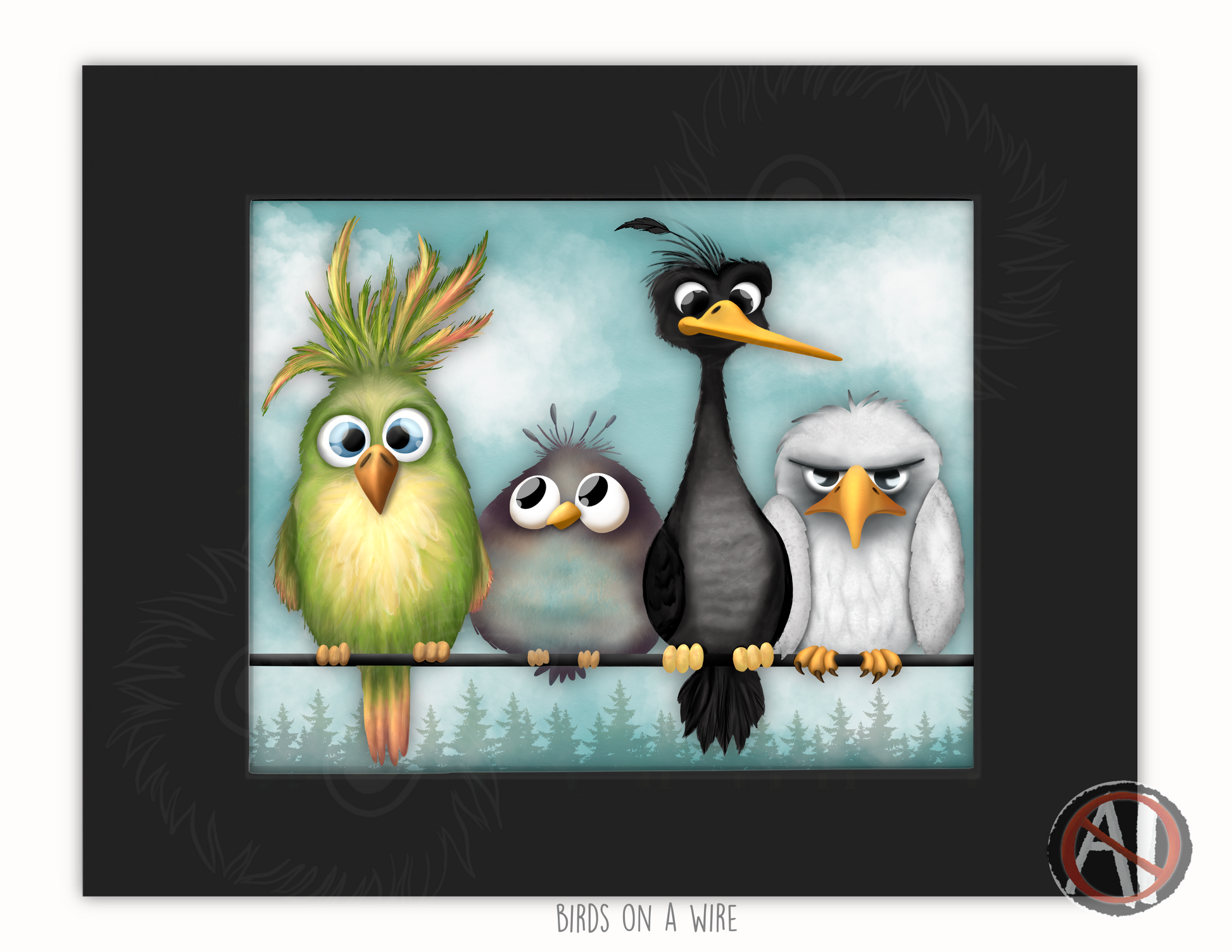 Illustration of three cartoon birds on a wire with a black border.
